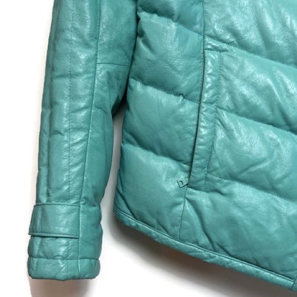 Danier Leather Teal Down Quilted Jacket Asymmetrical High Collar … - Picture 7 of 9